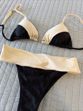 Two-Tone Black and Cream Triangle Bikini Set